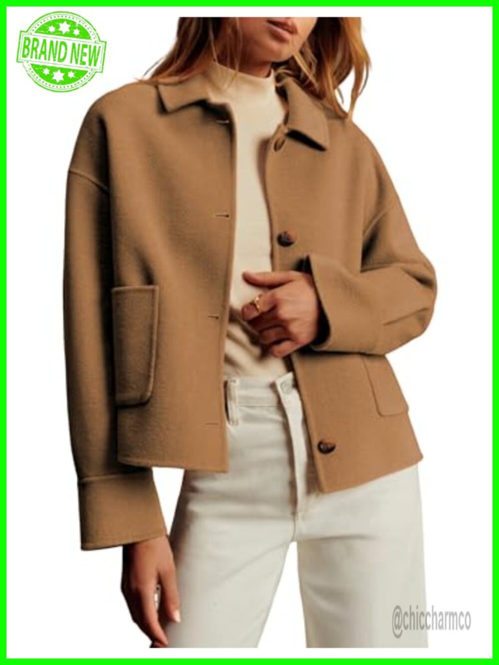 Wool-Blend Cropped Pea Coat Boxy Fit Button Front Short Jacket with Pockets